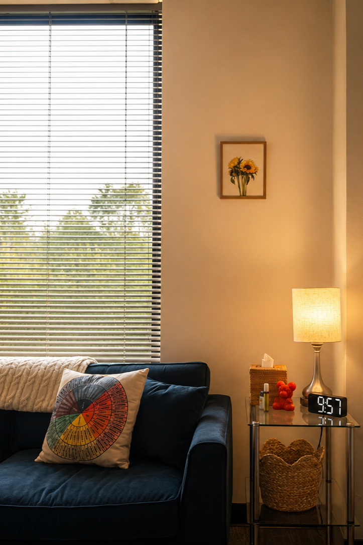 Interior of a therapy office with a teal sofa, decorative pillows, a window with horizontal blinds, a framed sunflower picture on the wall, and a small glass side table with a lamp, an alarm clock, and decorative items.