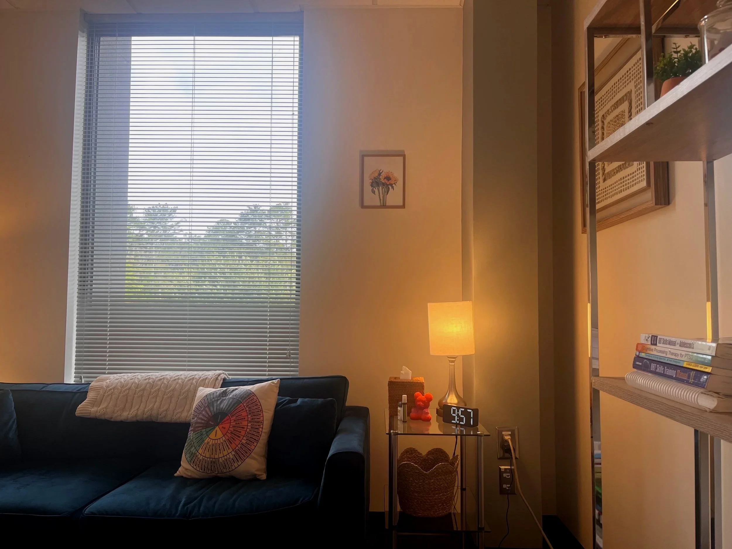 A warm and inviting therapy office with a comfortable sofa, bookshelf, soft lighting, and thoughtfully curated décor.