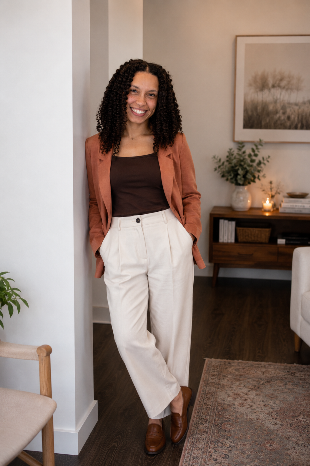 A woman with curly hair smiling, wearing a brown top, a rust-colored blazer, white wide-leg pants, and brown loafers, standing in a cozy, well-decorated living room with a framed picture, plants, candles, and books.