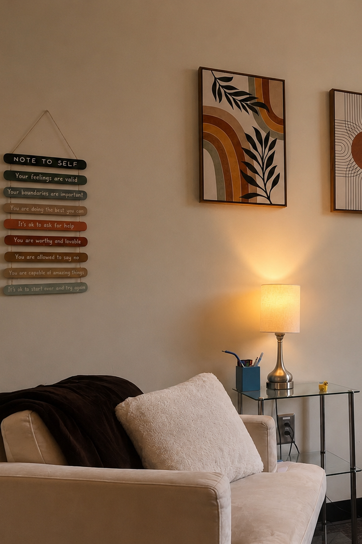 Cozy therapy office with a cream-colored sofa, a plush white pillow, a dark blanket, a glass side table with a silver lamp, a pen holder, and a small yellow item. Decorated with abstract wall art and a motivational note to self hanging on the wall.