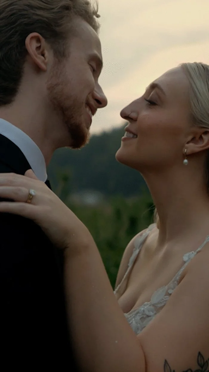 A couple on their wedding day, during golden hour portraits
