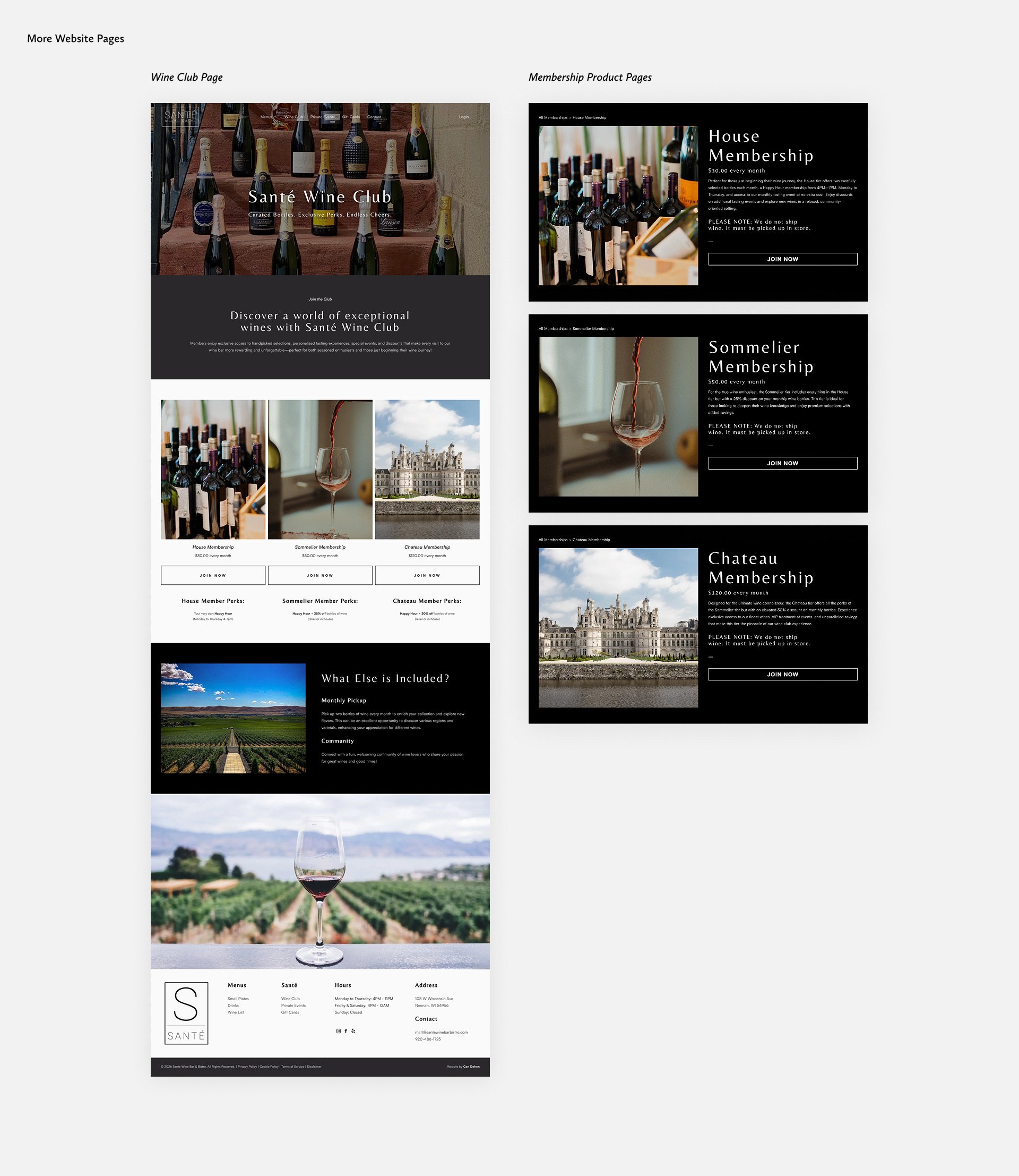 Wine Club House, Sommelier, & Chateau Membership product pages Santé Wine Bar & Bistro