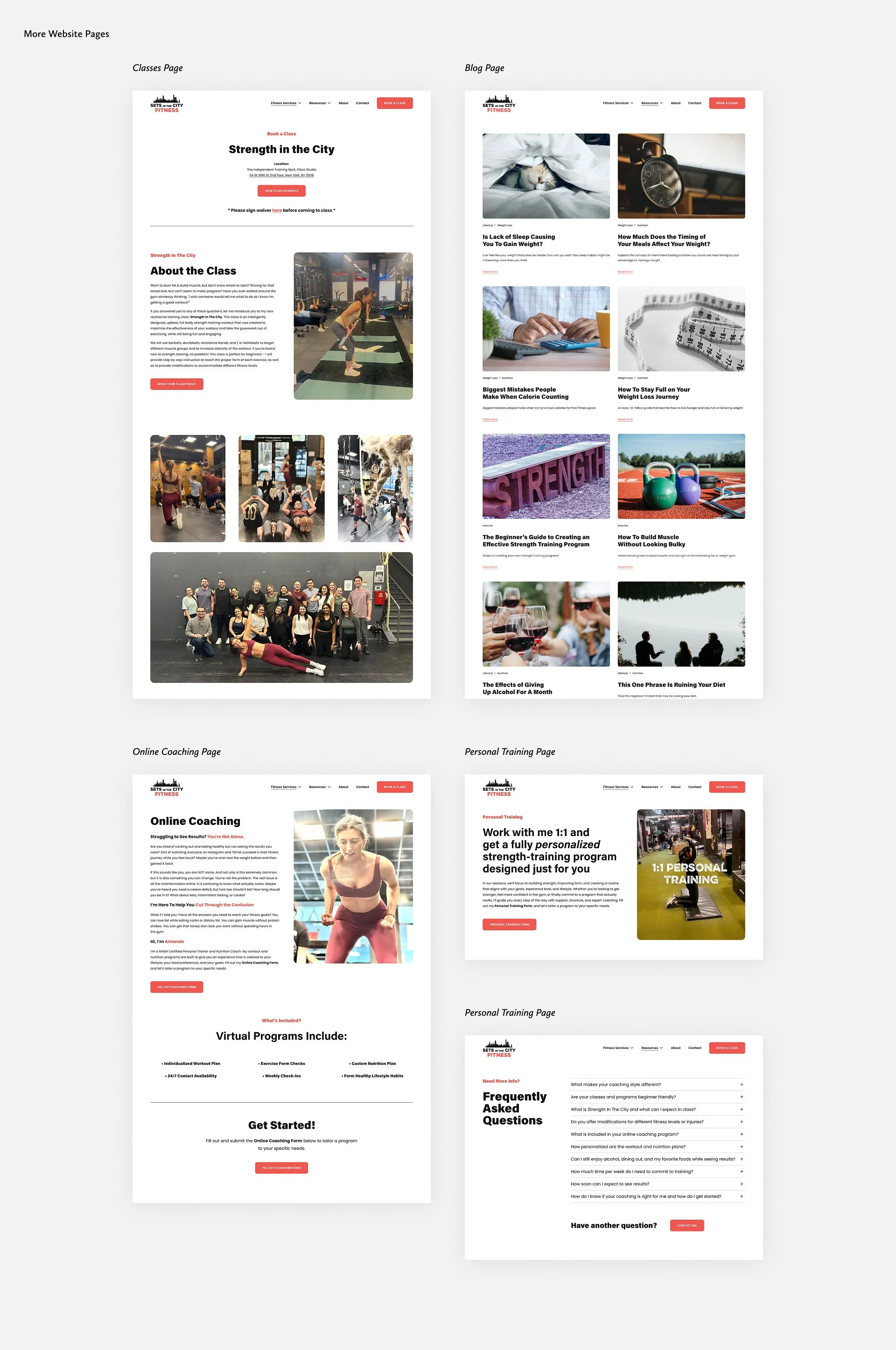 Book a Class, Blog, Online Coaching, Personal Training, and FAQ pages Sets in the City Fitness
