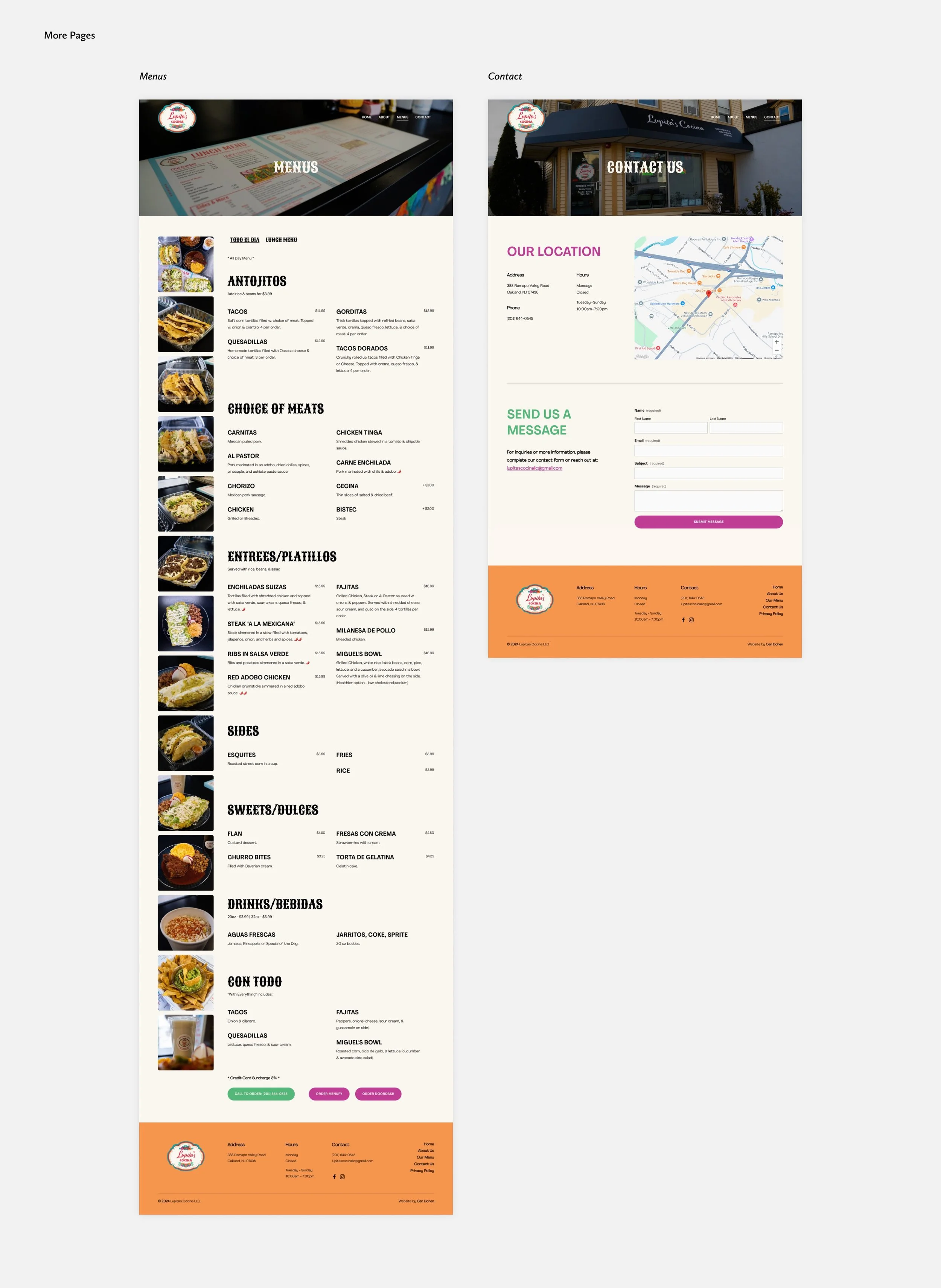 Services and contact page after website design. Lupita's Cocina.