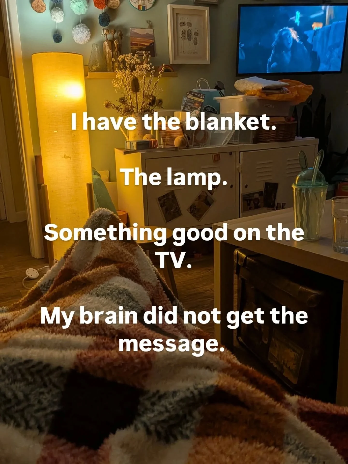 The blanket is perfect.

The lamp is on. No big lights here. 

Something good is playing.

My brain is somewhere completely else.

This is the bit nobody talks about. You can create the perfect conditions for rest and your ADHD brain will still be ru