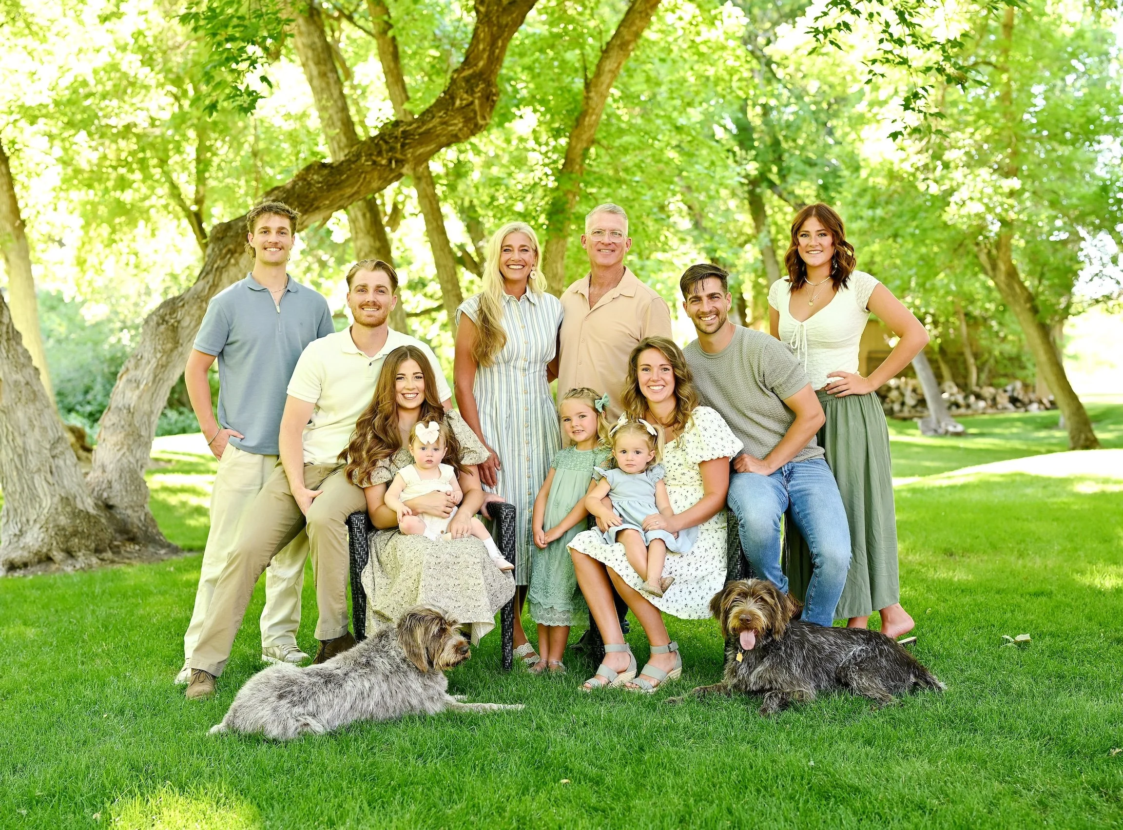 A multi-generational family photo taken outdoors under a large tree with green leaves, featuring adults, children, and dogs.