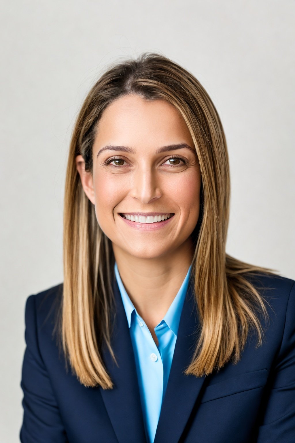 A woman with shoulder-length brown hair, wearing a blue collared shirt and dark blazer, smiling at the camera against a plain light background.