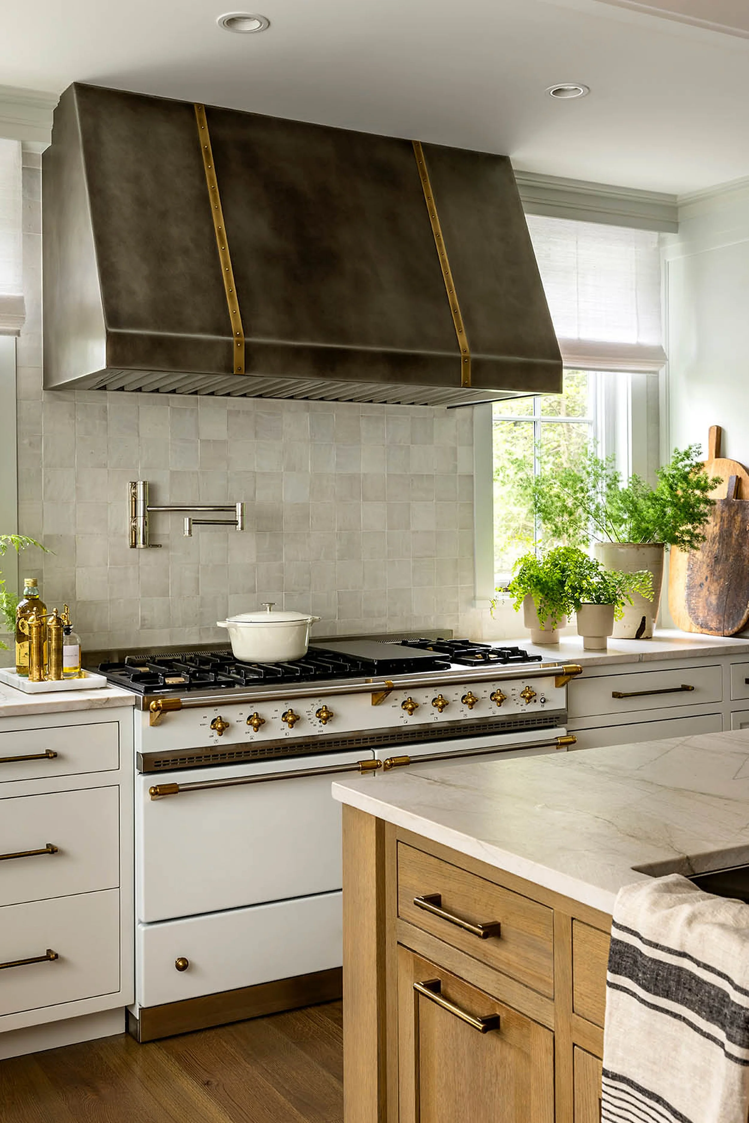 A kitchen with a modern stainless steel range hood over a white and gold stove and oven. There are green plants on the white countertop, and a window with blinds letting in natural light.