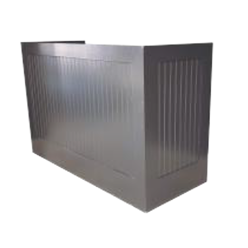 A stainless steel rectangular commercial kitchen countertop or workstation with ribbed sides.