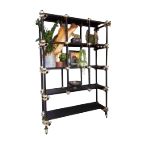 A black metal and wood open shelving unit with three shelves, displaying potted plants and decorative items, mounted on a white wall.