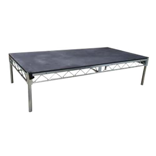 Black rectangular stage with metal truss supports and legs, on a plain background.