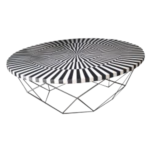 A 3D architectural model of a building with a circular, striped roof and colorful patterns on the sides, set against a black background.