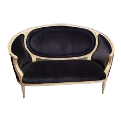 Vintage style sofa with black upholstery and beige wooden frame