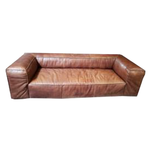 Brown leather sofa with wide armrests and seat cushion
