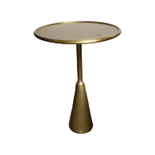 A small round side table with a metallic finish and a conical base.
