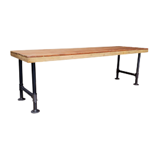A wooden tabletop with black metal legs painted yellow underneath.