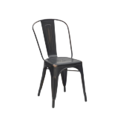 A black metal chair with a rounded backrest and four legs.