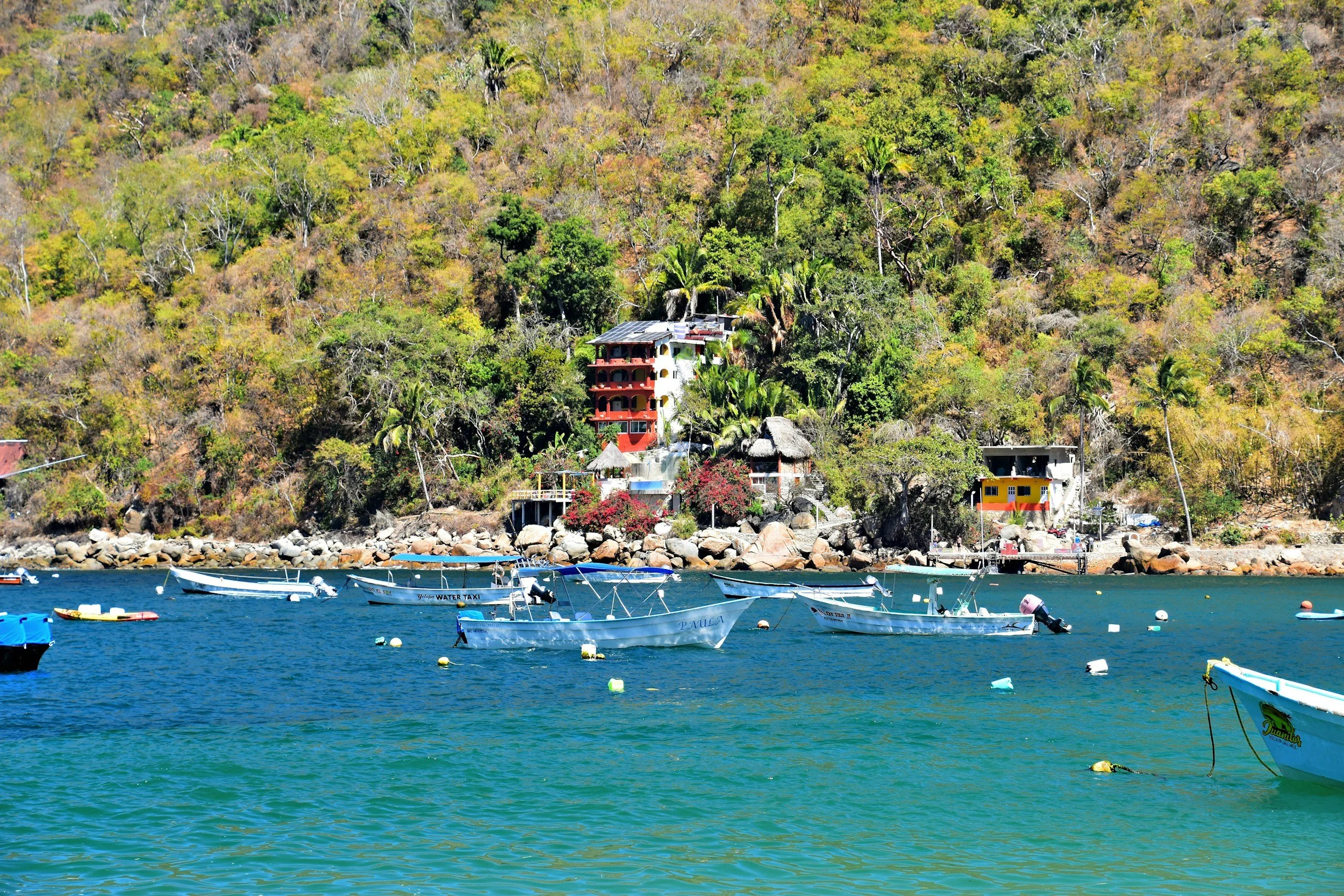 Boats floating on a river with colorful hillside homes and lush green trees in the background.