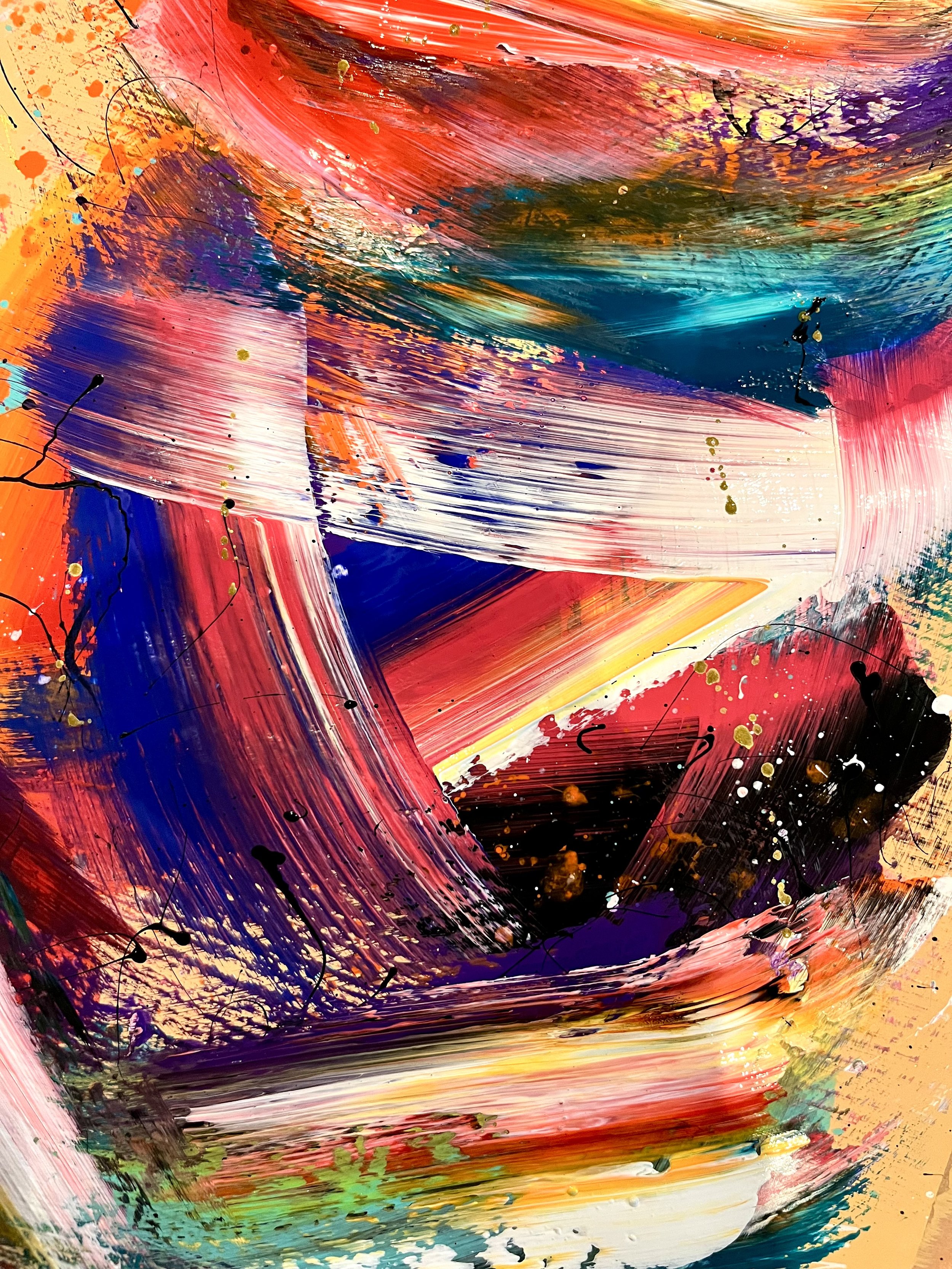Abstract colorful painting with bold brushstrokes of red, pink, purple, blue, yellow, and black, featuring splatters and drips of paint.