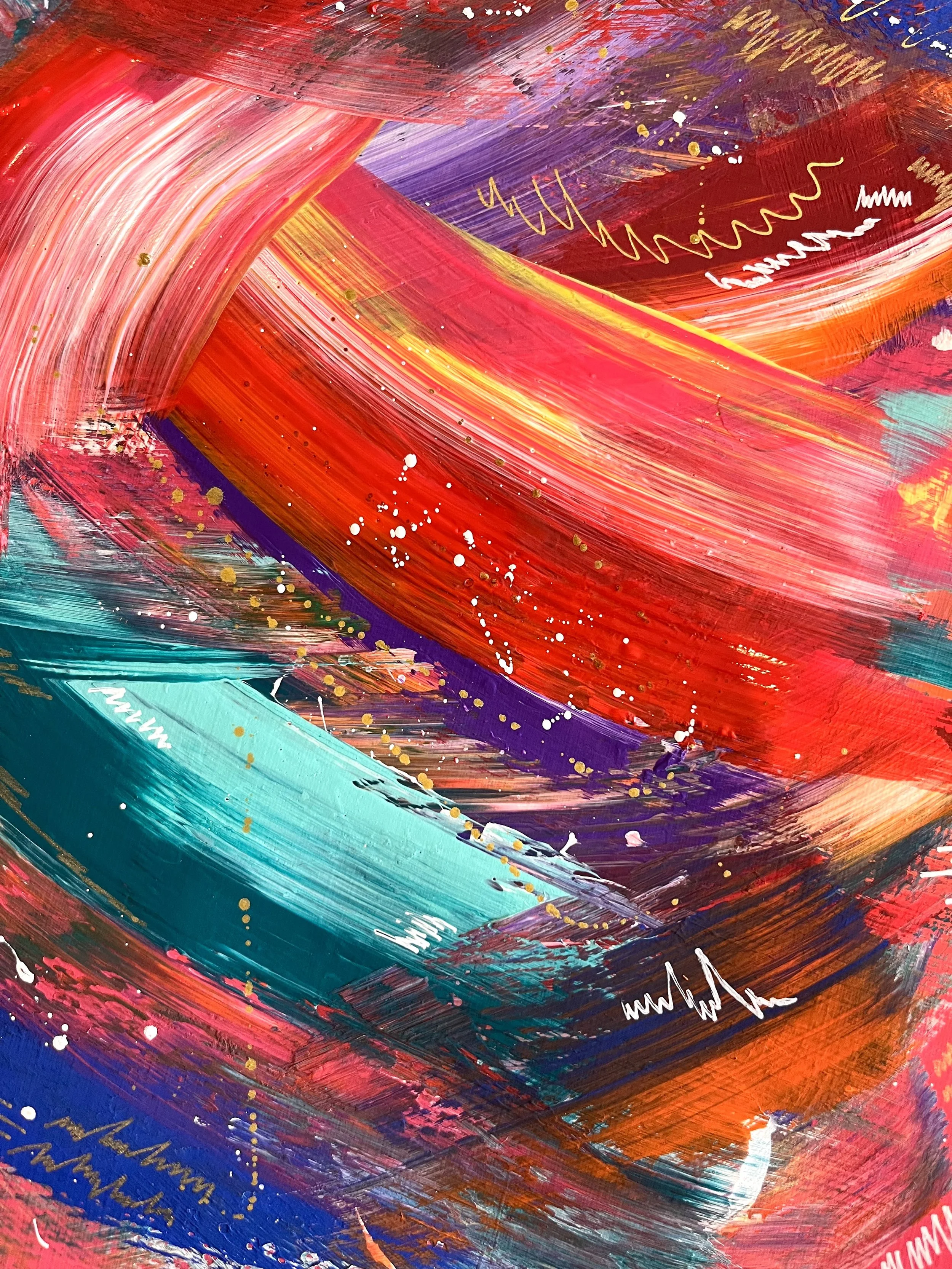 Abstract painting with bold, colorful sweeping brushstrokes of red, pink, purple, teal, orange, and yellow, accented with white and gold splatters and lines.