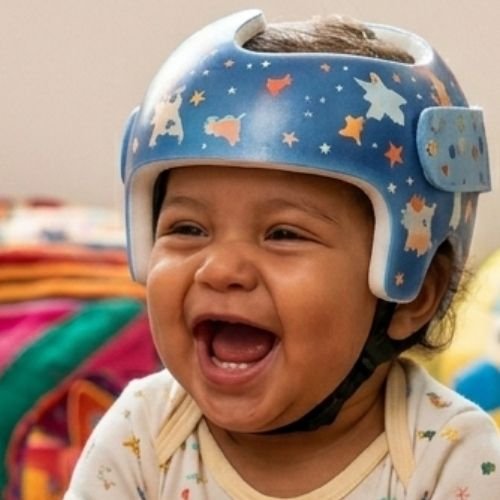 Niño sonriendo con casco azul decorado con estrellas y animales.