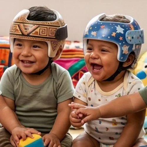 Dos niños sonrientes usando cascos de protección, uno con casco con diseño azteca y el otro con casco con estrellas, en un ambiente interior con juguetes y juguetes de colores.