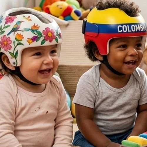 Dos niños con cascos de bicicleta, uno con casco decorado con flores y el otro con casco con banderas y la palabra 'Colombia', riendo y disfrutando.