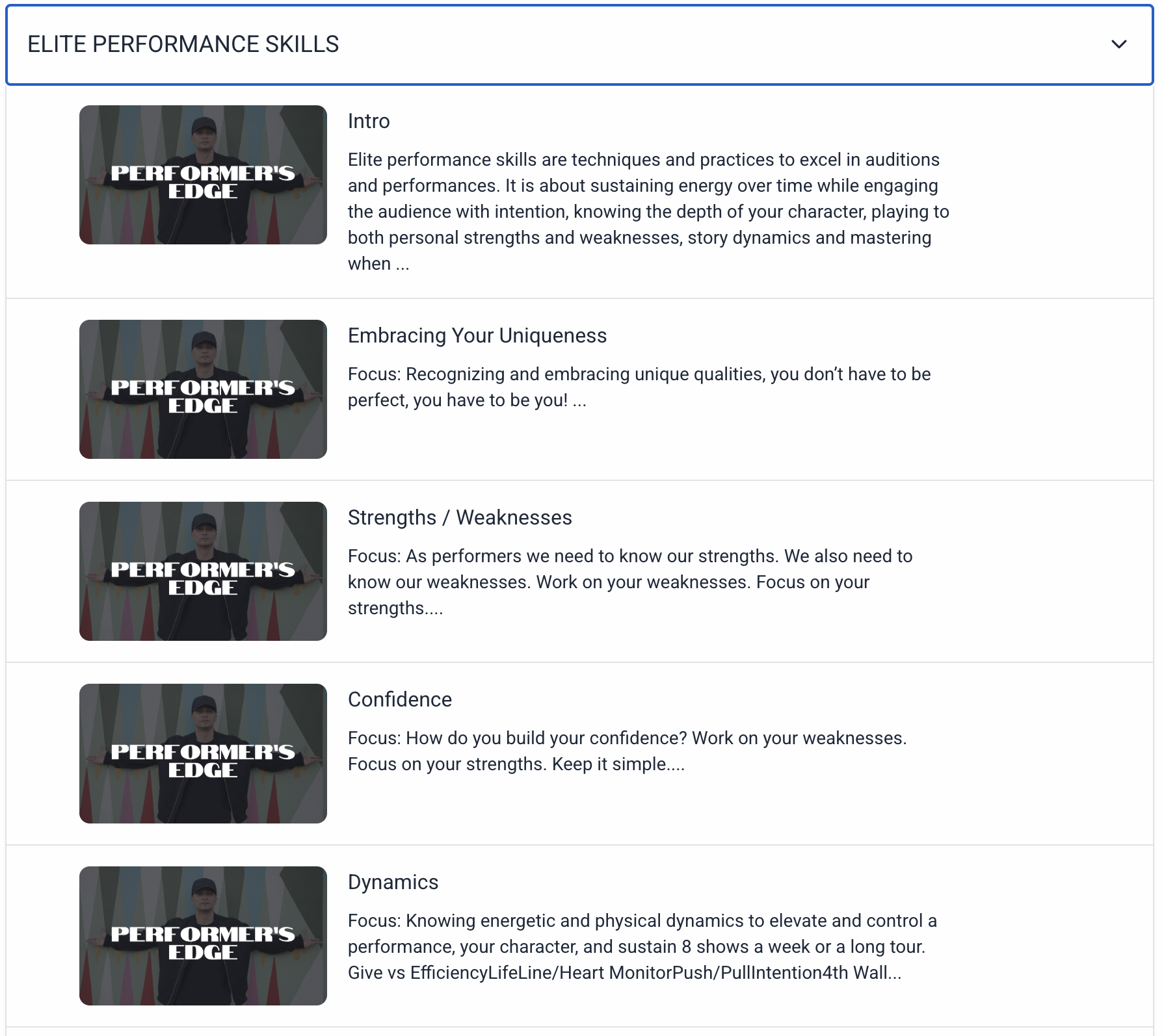 The Performer's Edge online course dashboard featuring module titled "Elite Performance Skills" and subtopics including, Embracing Your Uniqueness, Strengths and Weaknesses, Confidence, and Dynamics.
