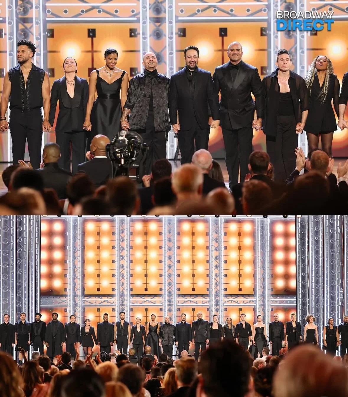 Seth Stewart and the original cast of the Broadway musical "Hamilton" taking a bow on stage hand in hand in front of crowd and illuminated background.