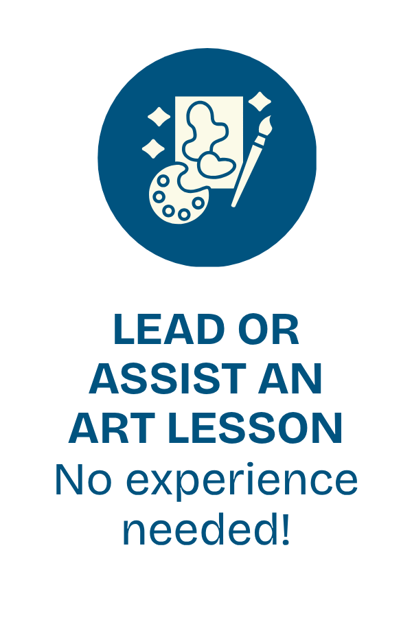 A circular icon with a painter's palette, paintbrush, and painting, along with sparkling stars. Below, text reads: 'Lead or assist an art lesson. No experience needed!'