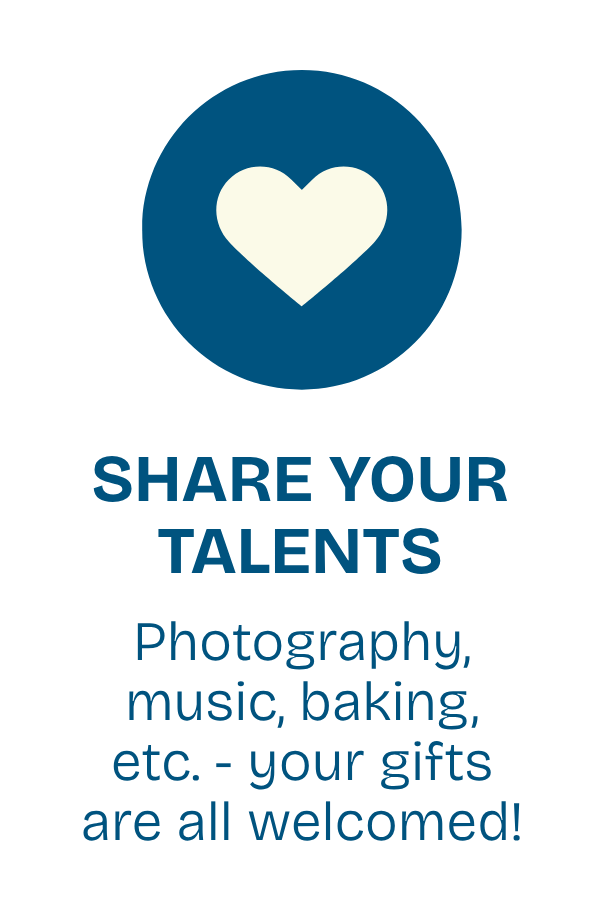 A promotional graphic encouraging people to share their talents like photography, music, baking, and gifts.