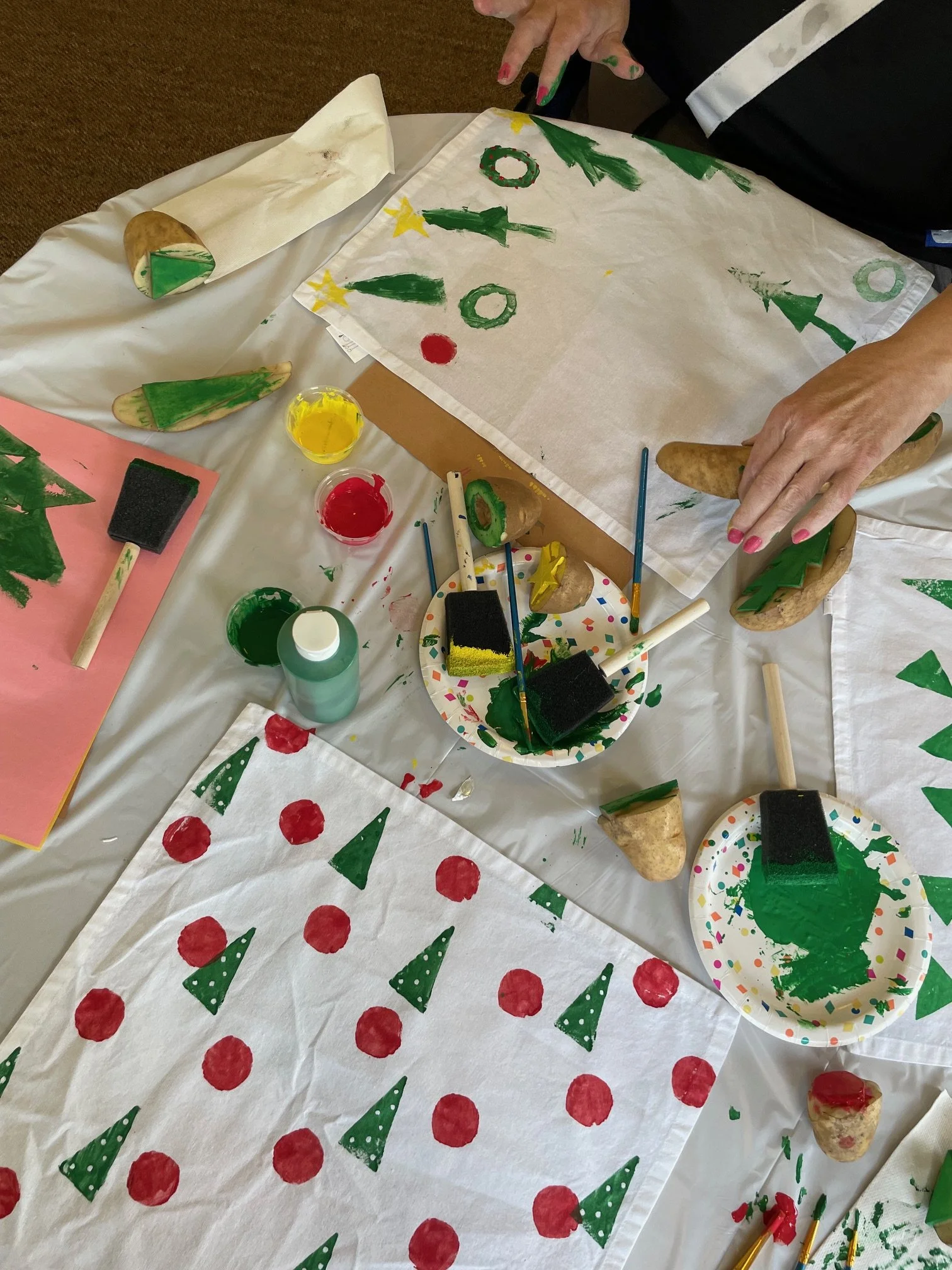 Christmas tree potato stamps on fabric napkins