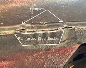 NA Mazda Miata MX-5 pinch weld and reinforced steel section diagram with arrow and text describing locations