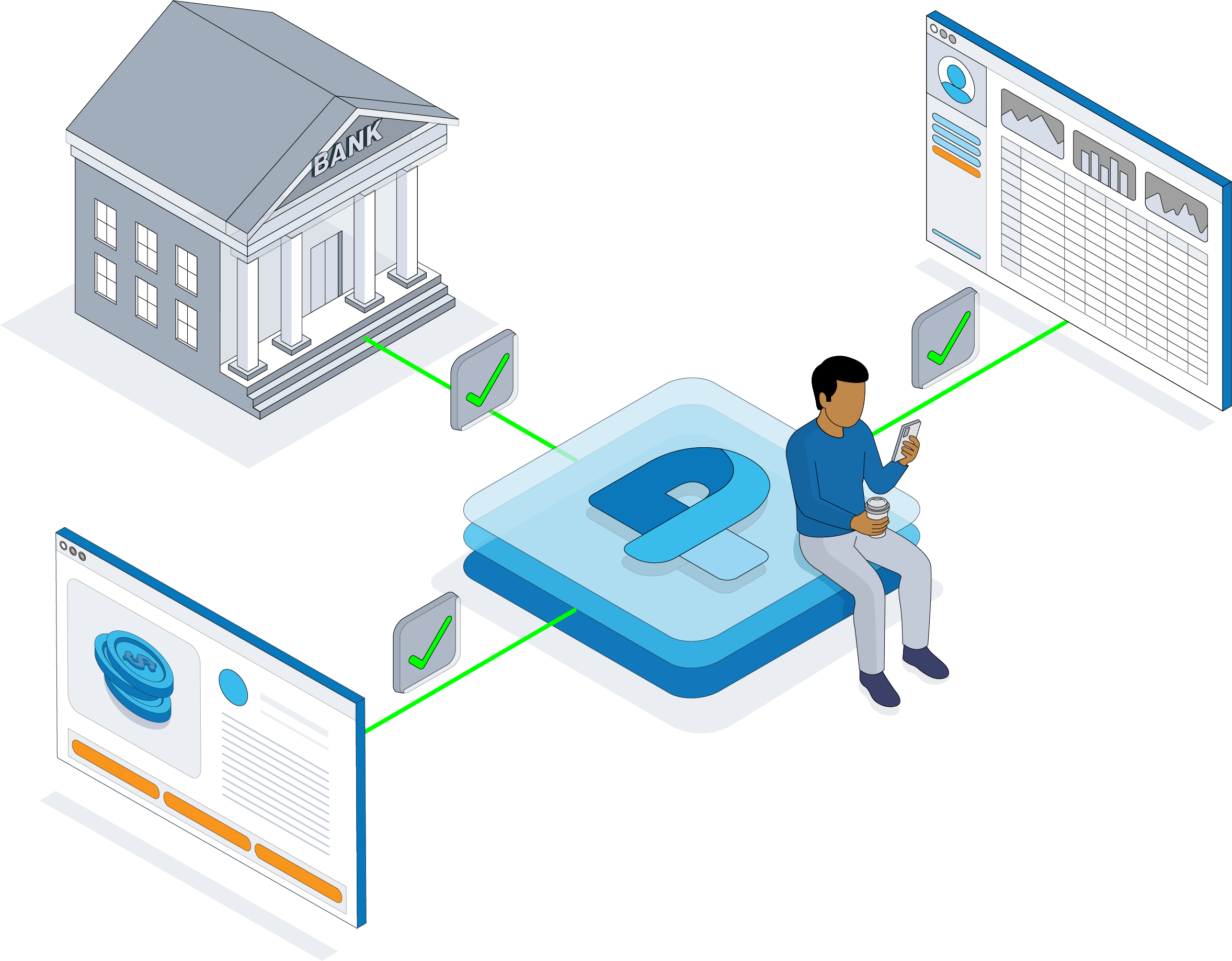 Isometric illustration of a man sitting with a coffee cup, surrounded by digital financial and banking icons, including a bank building, a computer screen with financial graphs, and a coin stack, connected by green check marks.