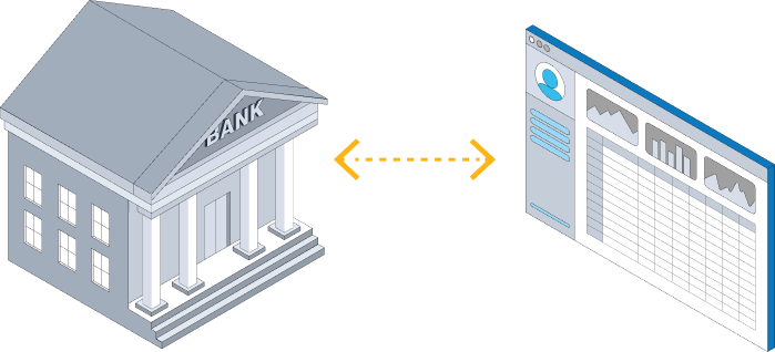 Illustration of a bank connected to a computer screen showing financial data
