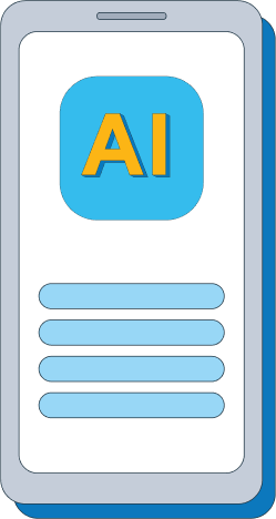 Smartphone displaying an app icon with the letters 'AI' in yellow on a blue background.