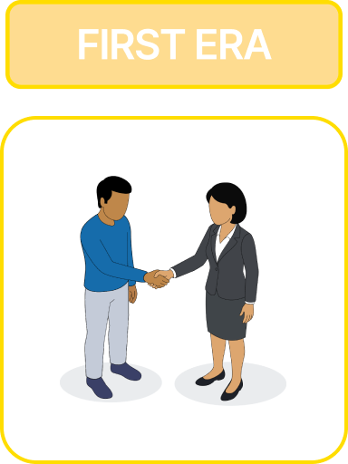 A man and a woman shake hands under a yellow banner that says 'FIRST ERA'.