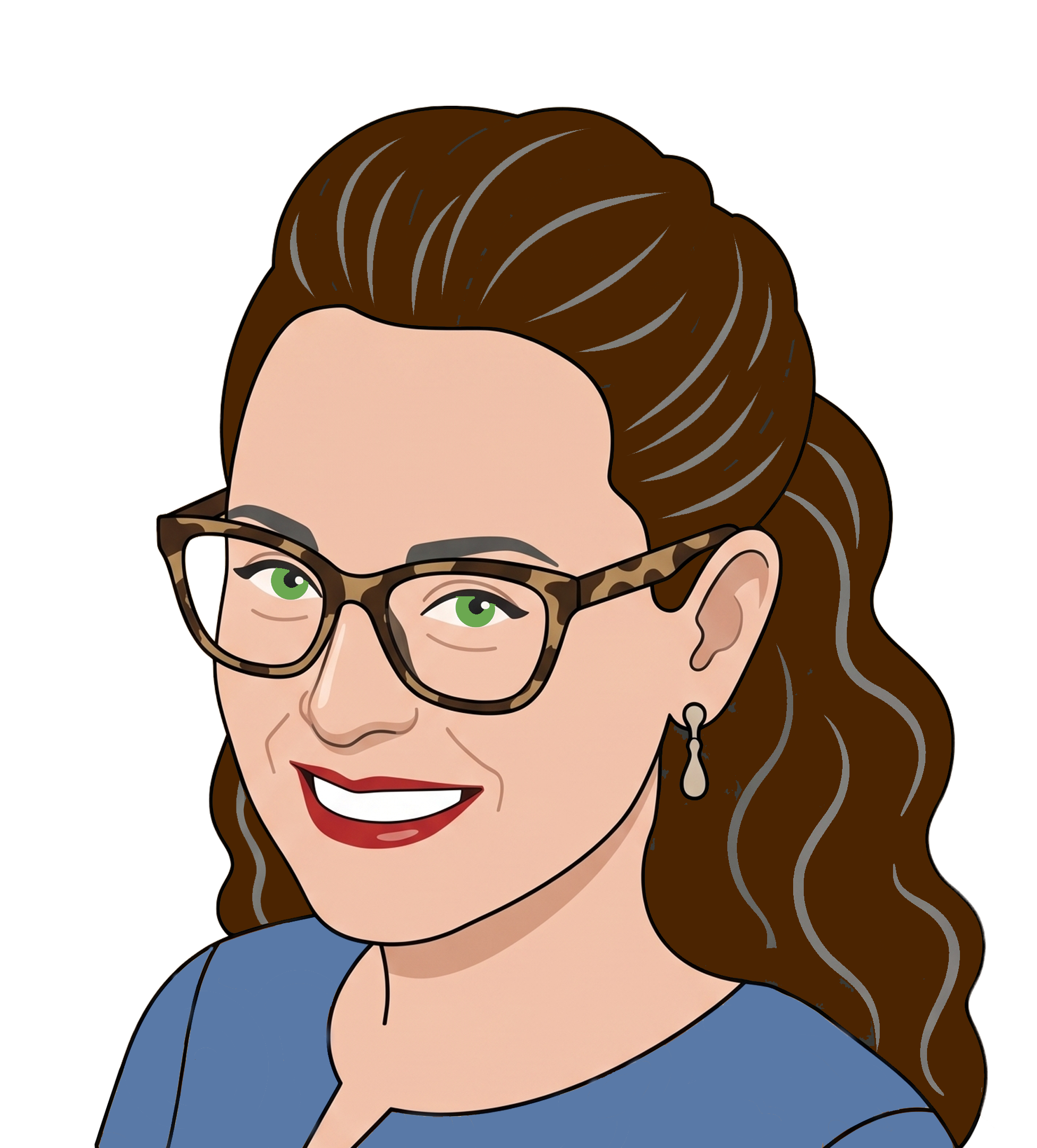 Digital illustration of a smiling woman with brown hair styled in waves, wearing glasses with a tortoiseshell pattern, a blue top, and green eyes.