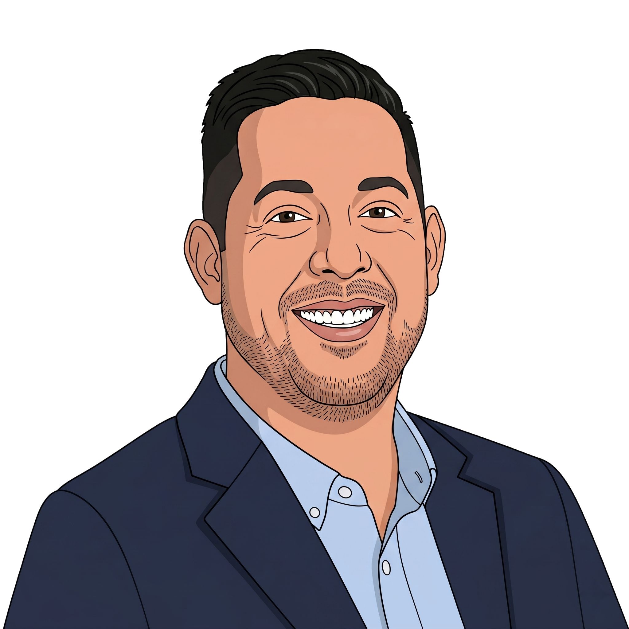 An illustration of Nick Lazo, smiling, wearing a dark suit and light blue shirt.