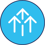 Three white upward arrows inside a blue circle.