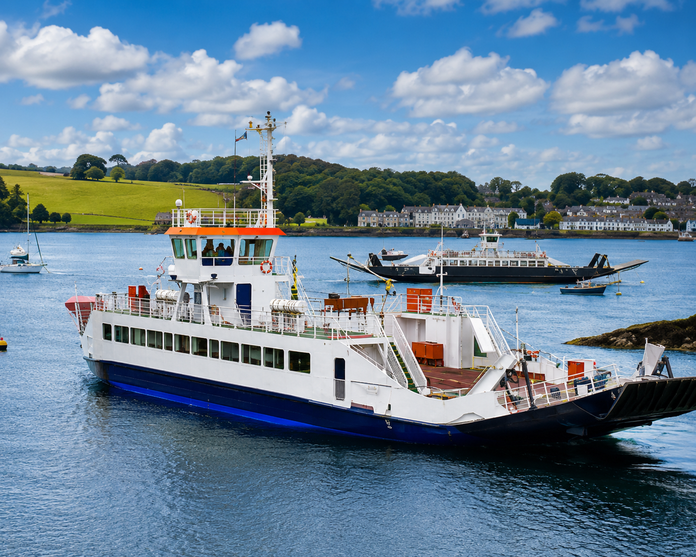 A large white and blue ferry boat with an orange roof on a calm harbor, with smaller boats floating nearby, and a green hillside with houses in the background under a partly cloudy sky.