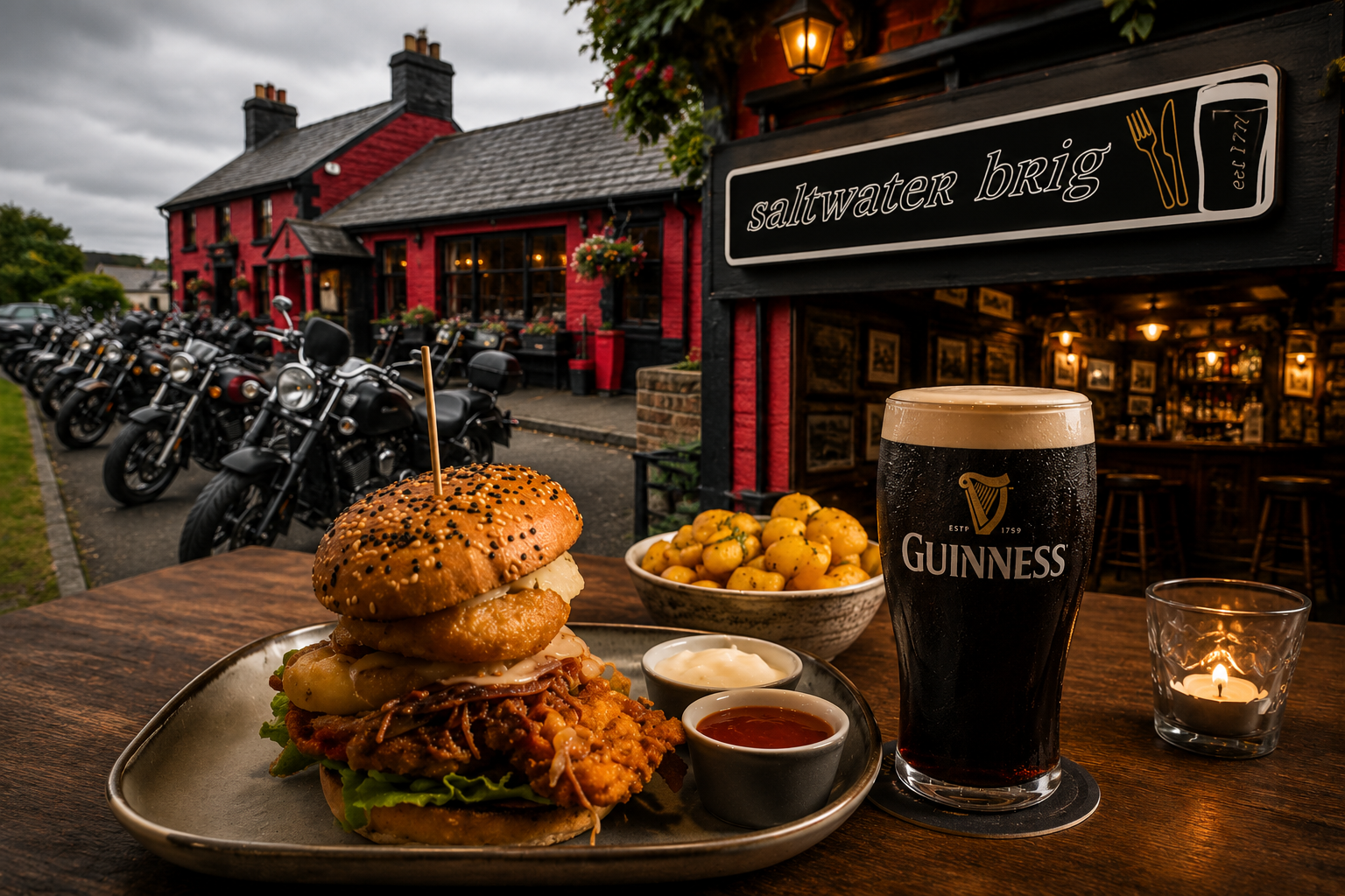 A plate of fried chicken sandwich with pickles, lettuce, and sauce, served with a bowl of potato chips, a small bowl of mayonnaise, and a small bowl of ketchup, alongside a pint of Guinness beer, on an outdoor wooden table at a pub with motorcycles parked outside and a sign for Saltwater Brig.