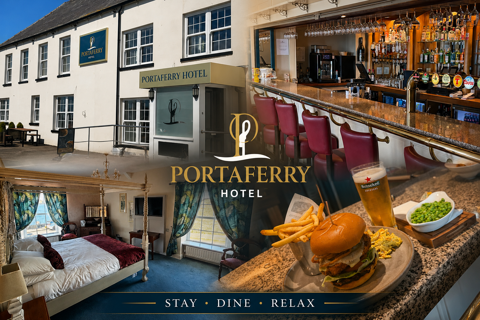 Collage of images of Portaferry Hotel including exterior view, bar interior, and a bedroom with a large bed, curtains, and a window, with a foreground of a burger, fries, pea bowl, and a beer.