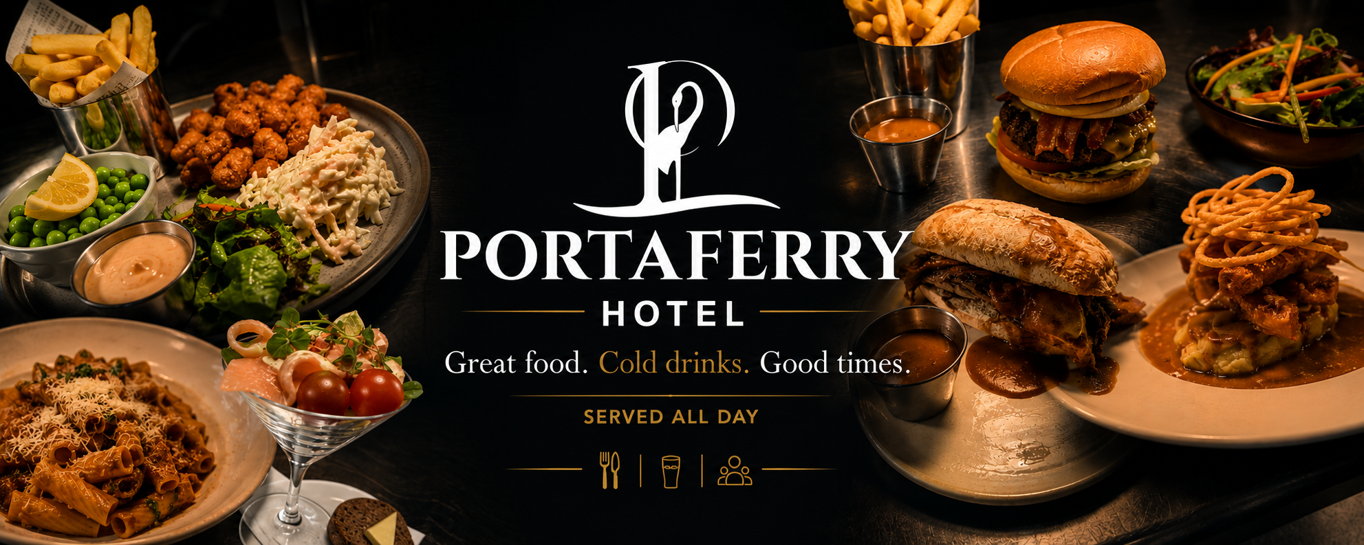 A variety of food items including salads, burgers, pasta, fries, and drinks on a dark table at Portaferry Hotel.