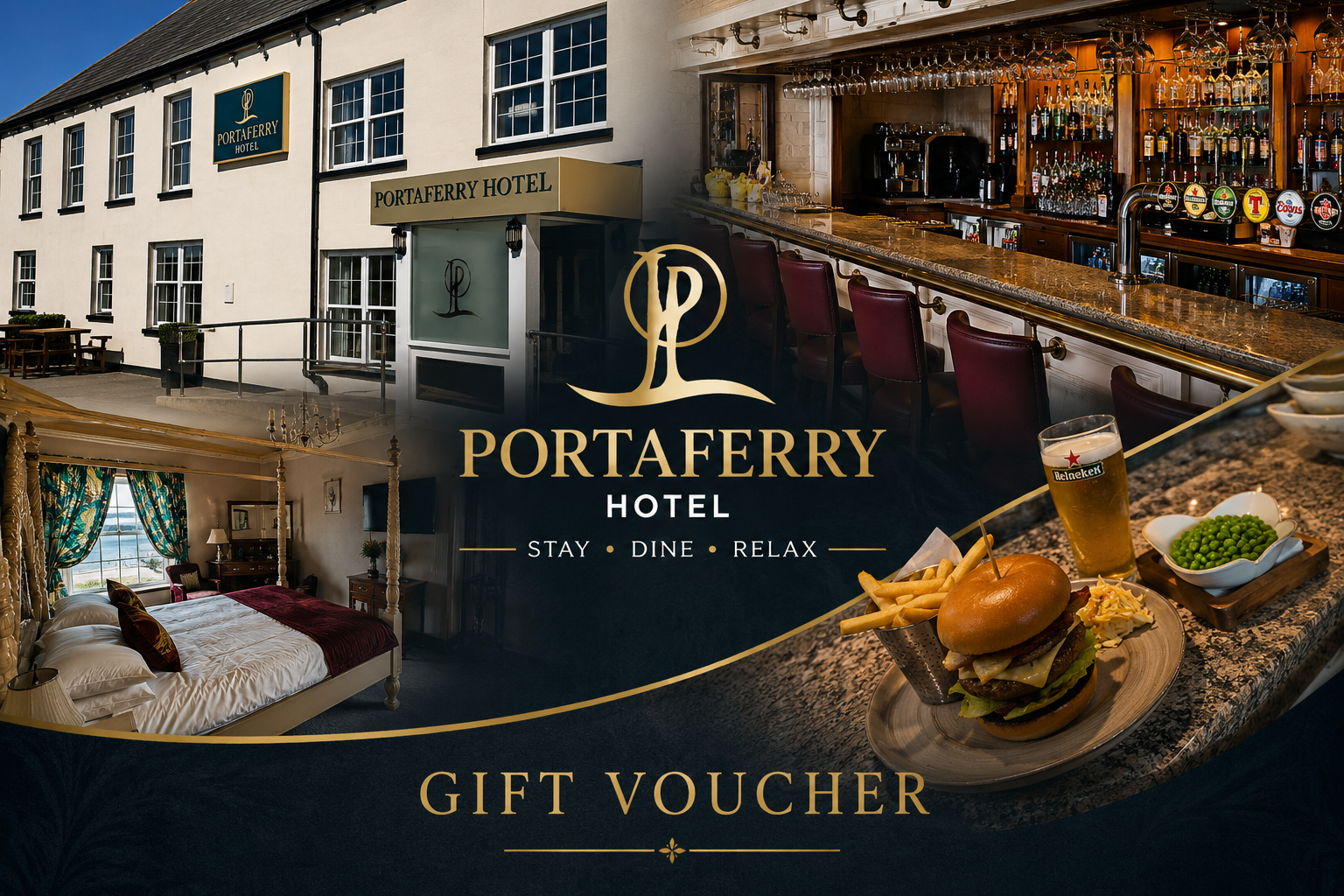 A collage of images of the Portaferry Hotel, showing the hotel exterior, interior bar, bedroom with a four-poster bed, and a meal with a burger, fries, peas, and a glass of beer, with the hotel's logo and the words "Stay, Dine, Relax" and "Gift Voucher".
