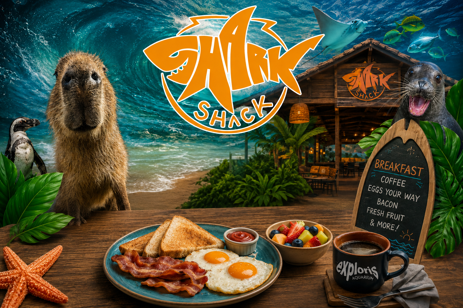 A tropical breakfast scene at a seafood restaurant called Shark Shack, featuring a plate of eggs, toast, bacon, a bowl of fruit, a cup of coffee, and a small container of ketchup on a wooden table with a starfish. The background has sea animals like a sea otter, a shark, and a penguin, along with lush green plants and a wooden seaside hut.
