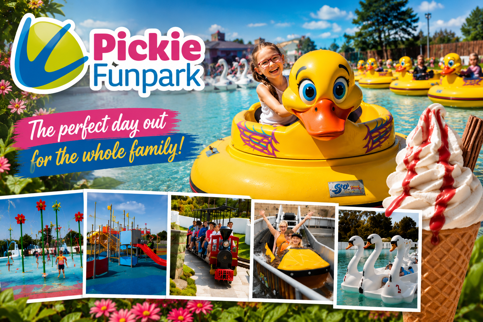 A promotional collage for Pickie Funpark featuring a girl on a duck-shaped paddle boat, a splash pad, a miniature train ride, a roller coaster, and swan pedal boats with ice cream on the side, with text promoting a family-friendly day out.