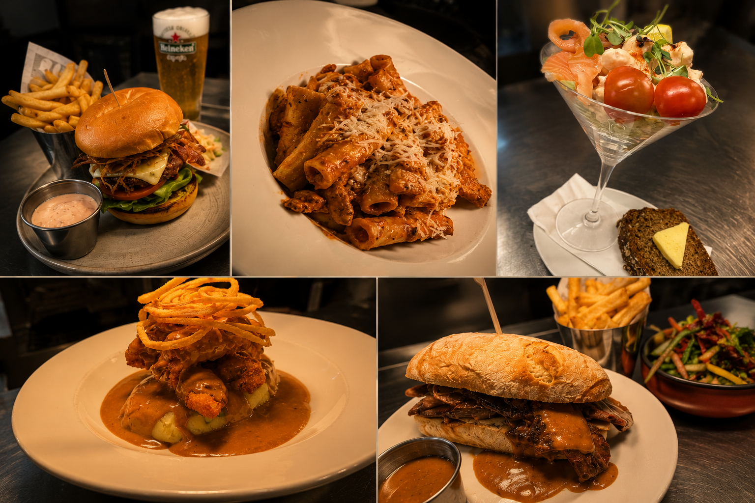 A collage of five images showing American food and drinks. Top left: a cheeseburger with fries, a side of pink sauce, and a glass of beer. Top middle: a plate of baked ziti with cheese. Top right: a shrimp and tomato salad in a martini glass with a slice of bread and butter. Bottom left: a plate of chicken and mashed potatoes with gravy and crispy onion strings. Bottom right: a sandwich with roast beef, gravy, fries, and a side salad.
