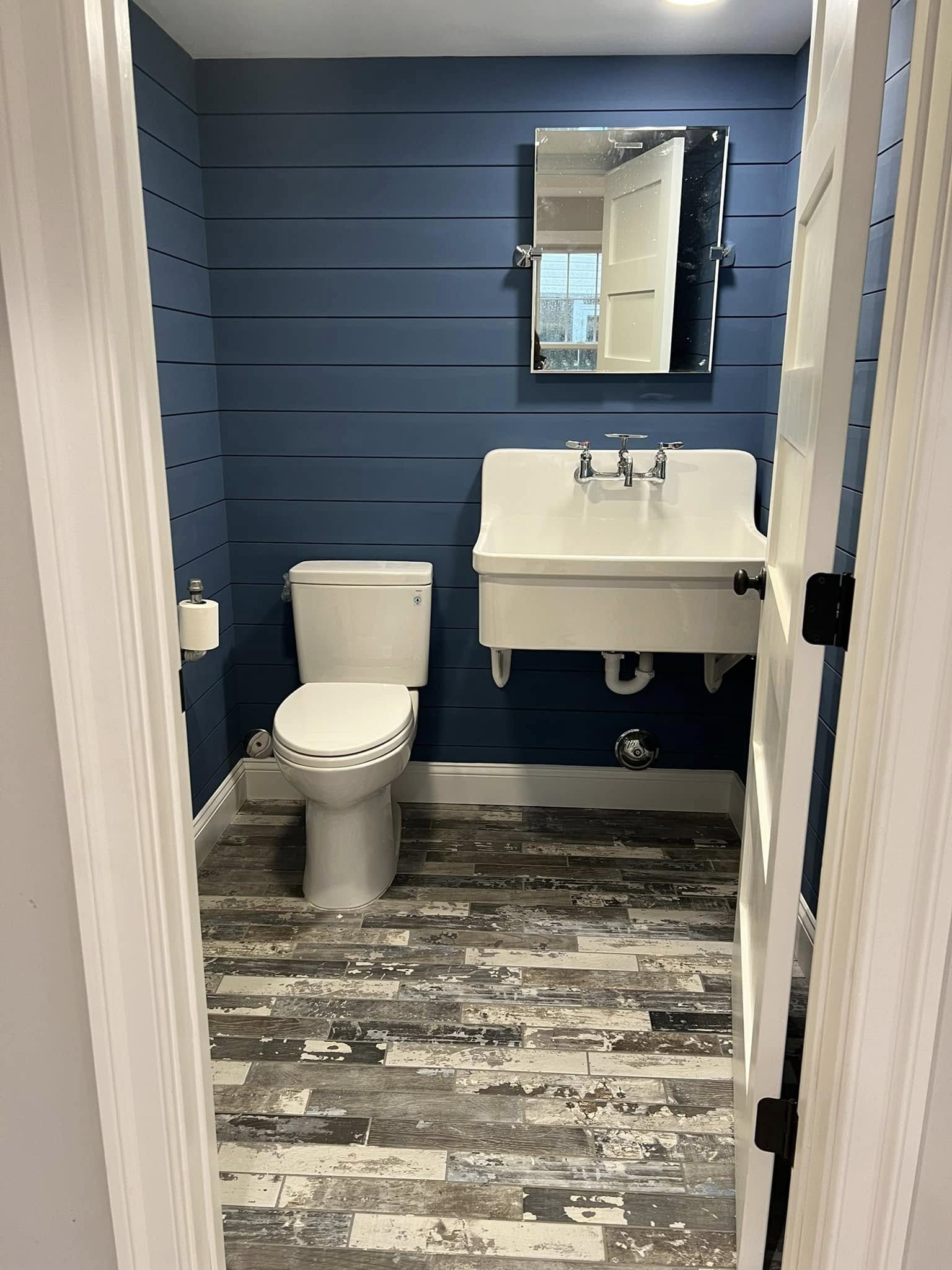 Small bathroom with blue shiplap walls, a white toilet, a white sink with chrome hardware, a mirror above the sink, a window reflected in the mirror, and wood-look flooring.