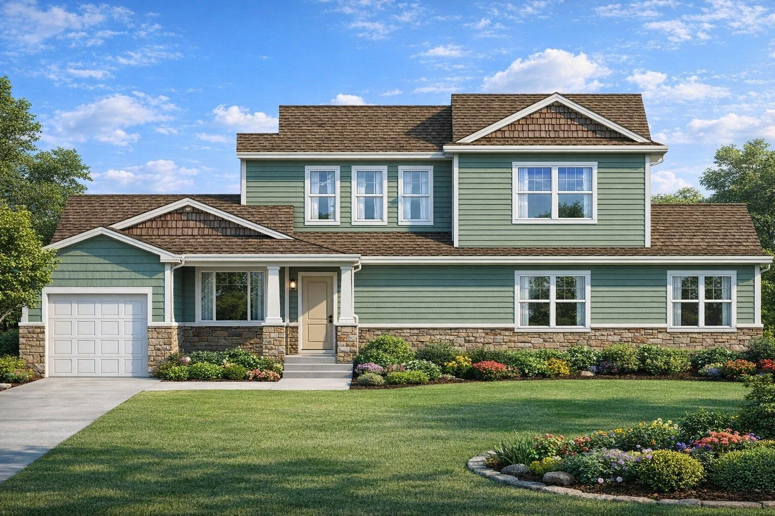 A two-story house with green siding, stone accents, and a brown shingled roof. It has several white-framed windows, a front porch with white columns, a beige front door, and a garage on the left. The house is surrounded by a well-maintained lawn and 